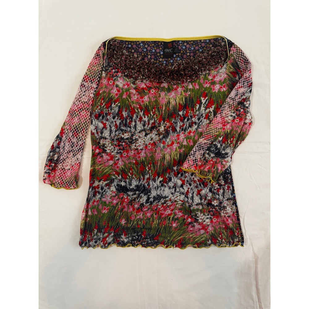 Anac by Kimi Floral Mesh Top Ruffle Neck Fishnet Sleeve Lettuce Hem Y2K Large